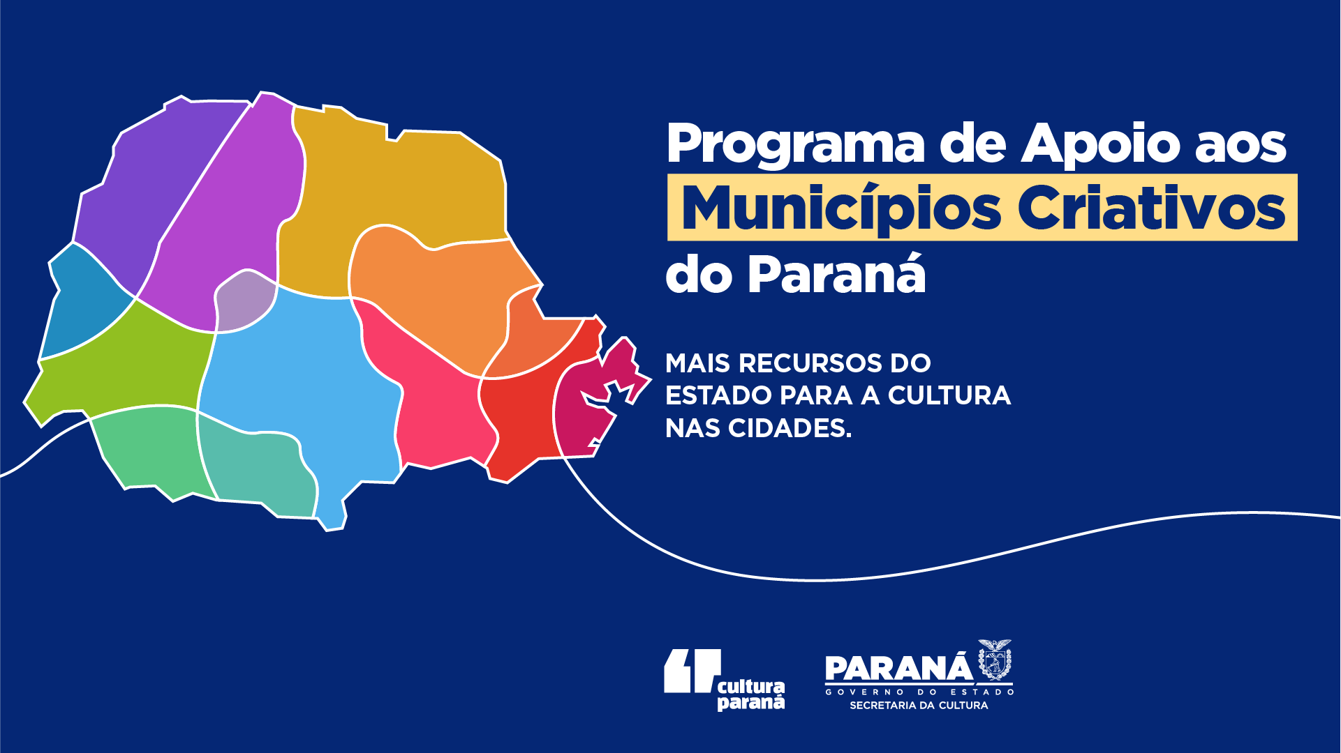 Imagem institucional do Programa de Apoio aos Municípios Criativos do Paraná, com mapa colorido do estado em fundo azul.